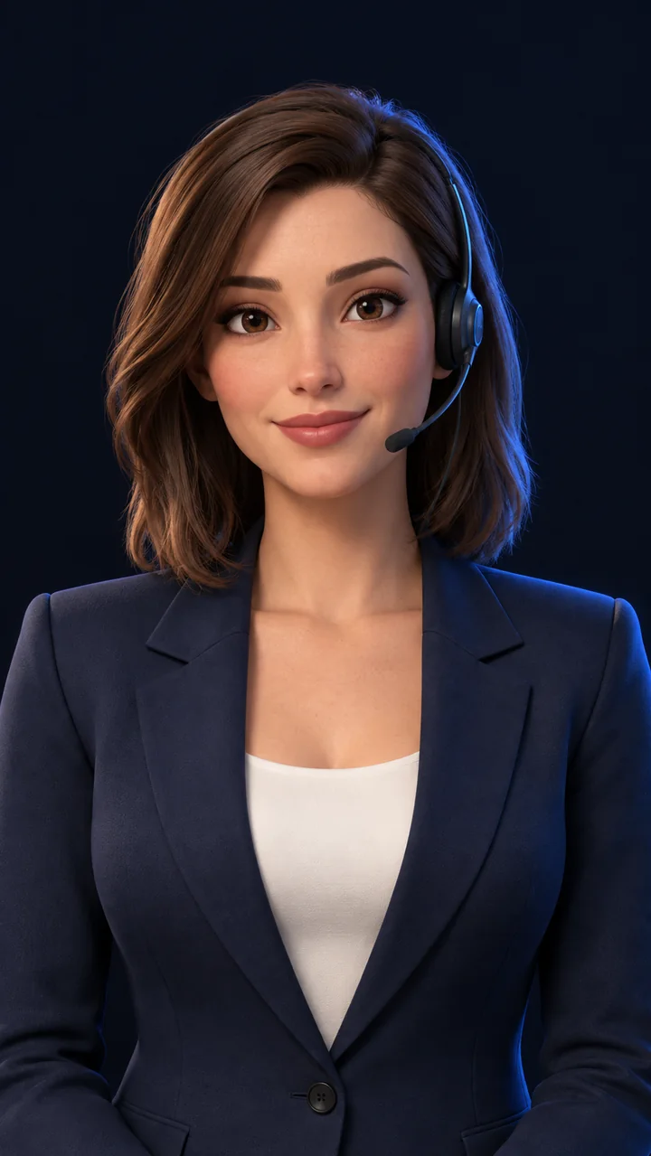 Nova wearing her navy blazer and headset